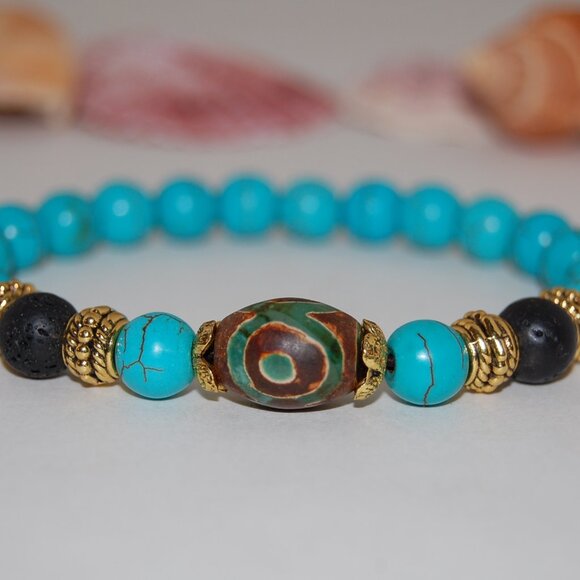 Turquoise Bracelet,Golden Charms,Good Luck Bracelet - Picture 2 of 2